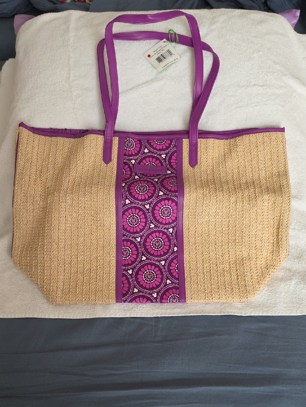 Vera Bradley Mickey Mouse Purple-Trim Straw Beach Tote